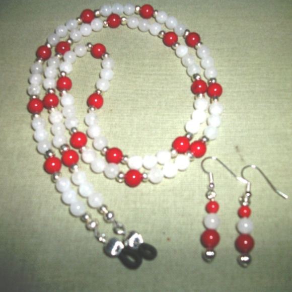 GIfted  OOAK NEcklace/ Eyeglass chain holder +Earrings Wht Onyx+coral - Picture 2 of 5